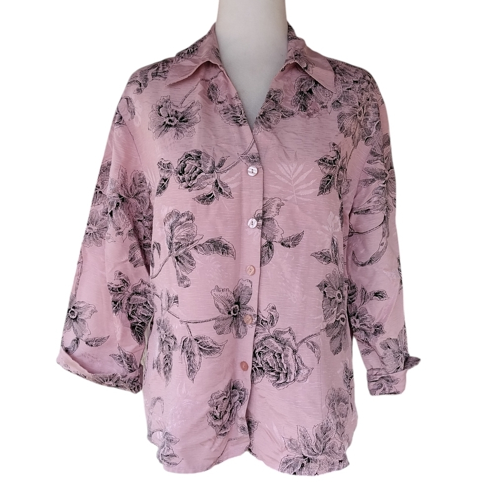 Anne Carson Dusty Pink Black Floral Print Button Front Silk Shirt Size Large
